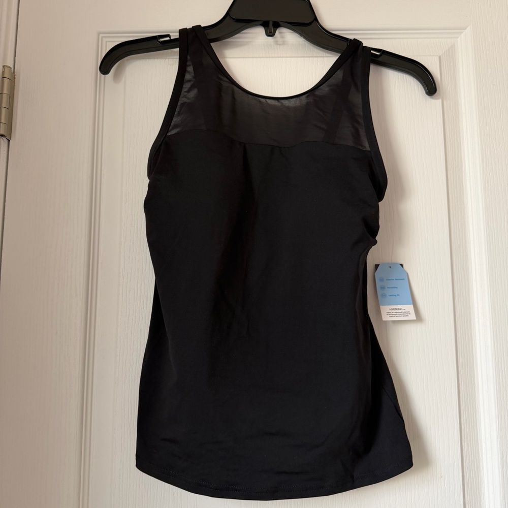 New Women’s Lands’ End Creora Highclo Black Swim Top with Sheer Yoke